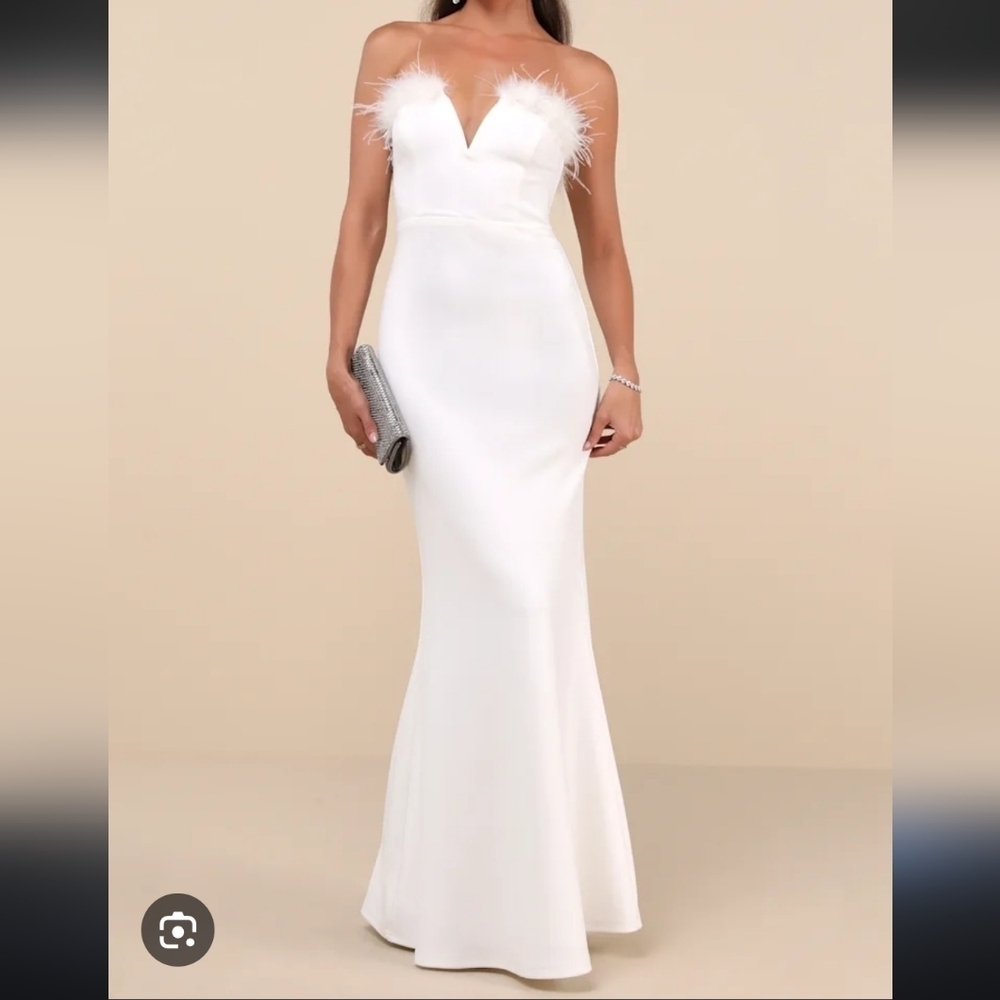 Lulus Extraordinary Glam White Feather Strapless Mermaid Maxi Dress small - Picture 1 of 10